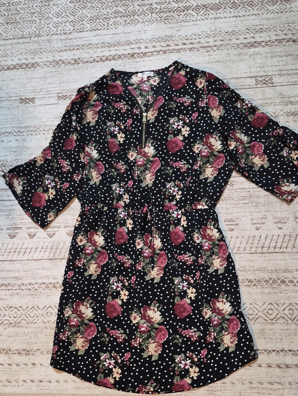 Stella Tweed Black Mini Dress with Pink and Cream Floral Print